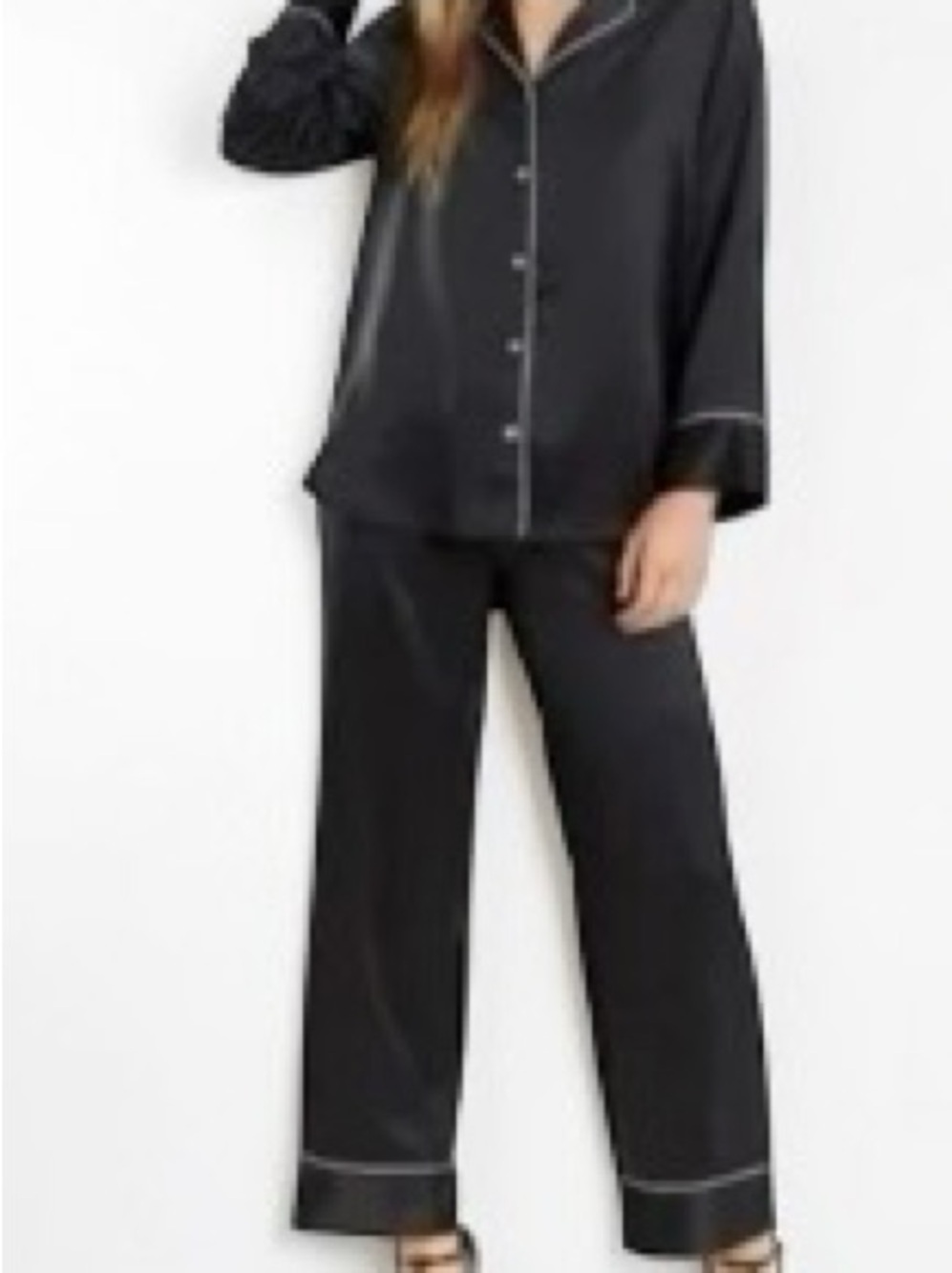 NATORI Black Satin Piped White Pajama Set Pants Button Down Shirt PJ’s L Silky